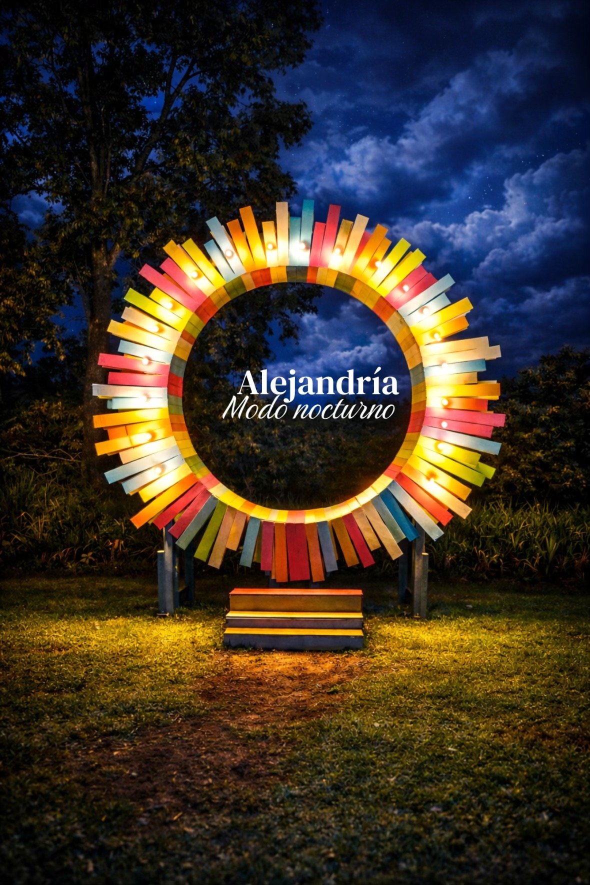 Círculo multicolor de Alejandría iluminado en modo nocturno