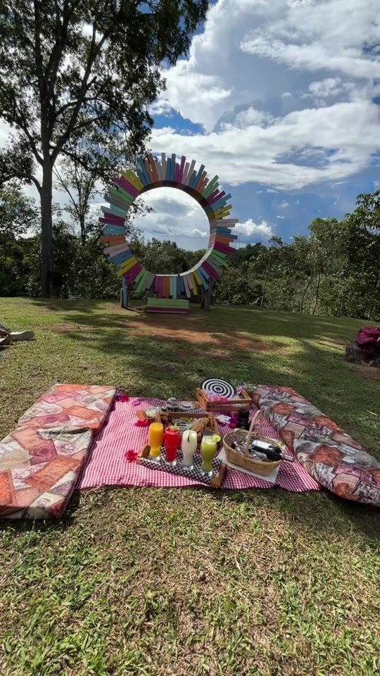 Picnic en el campo frente al emblemático círculo de colores